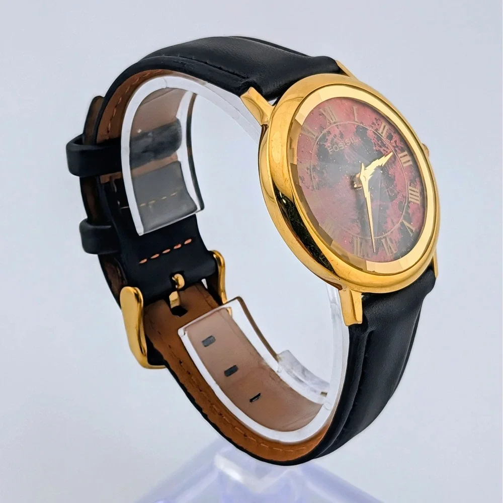 Vintage 1994 Fossil PC-7362 Unisex Watch Faceted Crystal Red Black Dial 34mm
